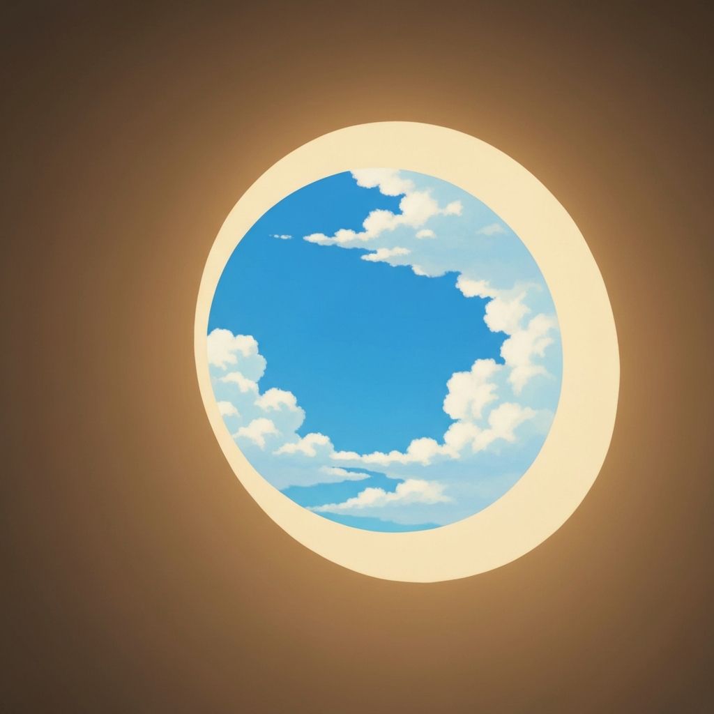 A cloud-shaped window revealing a bright blue sky